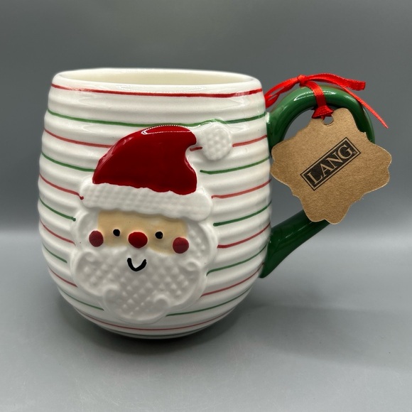 LANG Hand Painted SANTA Mug With Red and Green Stripes Holiday Classic NEW - Picture 1 of 2